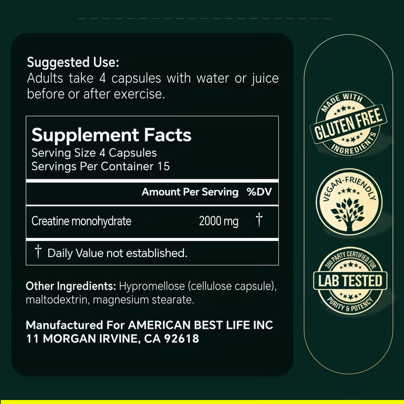 USLSHA Creatine Monohydrate 2000mg Capsules for Muscle & Strength Support