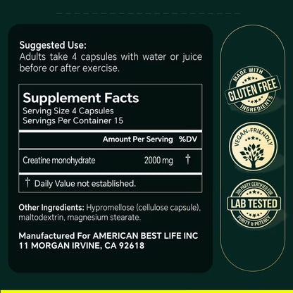 USLSHA Creatine Monohydrate 2000mg Capsules for Muscle & Strength Support