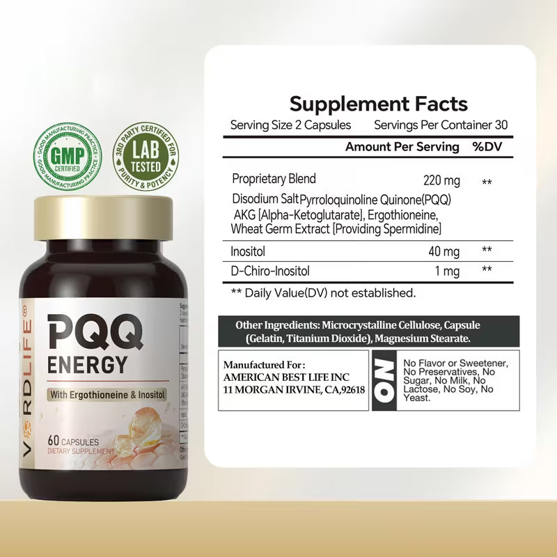 VORDLIFE PQQ Energy Supplement with AKG & Spermidine – 60 Capsules