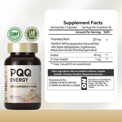 VORDLIFE PQQ Energy Supplement with AKG & Spermidine – 60 Capsules