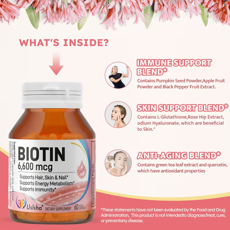 USLSHA Biotin 6600 mcg Hair, Skin & Nails Supplement – 60 Vegetarian Capsules