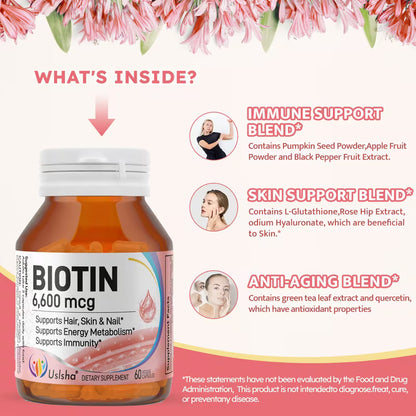 USLSHA Biotin 6600 mcg Hair, Skin & Nails Supplement – 60 Vegetarian Capsules
