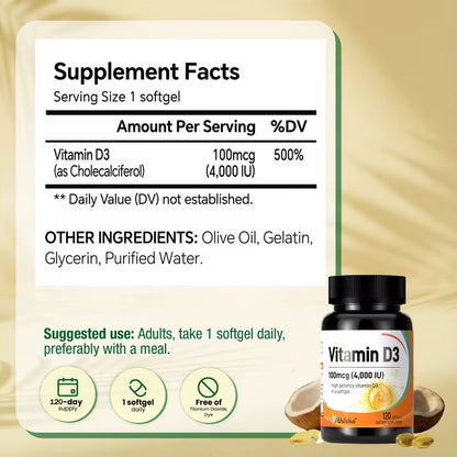 USLSHA Vitamin D3 4,000 IU (100 mcg) Softgels for Bone & Immune Support