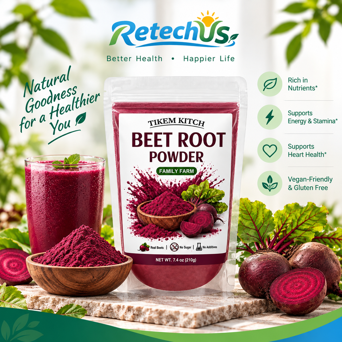 Natural Beetroot Powder 7.41 oz (210g) – Vegan Pre-Workout & Smoothie Powder