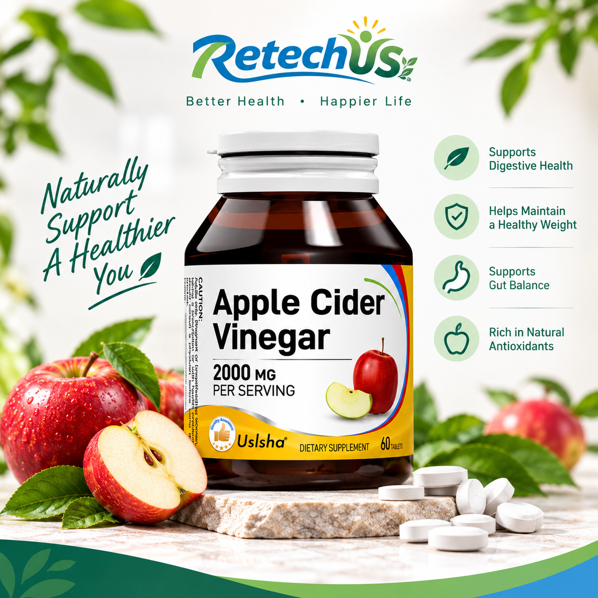 Apple Cider Vinegar Tablets with The Mother 2000mg – 60 Plant-Based Tablets