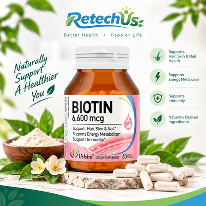 USLSHA Biotin 6600 mcg Hair, Skin & Nails Supplement – 60 Vegetarian Capsules