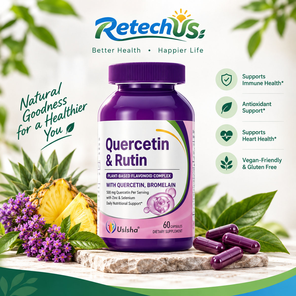 USLSHA Quercetin & Rutin Supplement with Bromelain, Zinc & Selenium – 60 Capsules