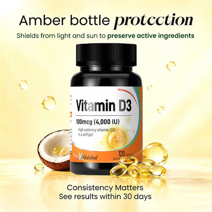 USLSHA Vitamin D3 4,000 IU (100 mcg) Softgels for Bone & Immune Support