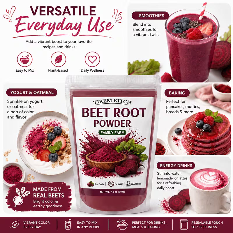 Natural Beetroot Powder 7.41 oz (210g) – Vegan Pre-Workout & Smoothie Powder