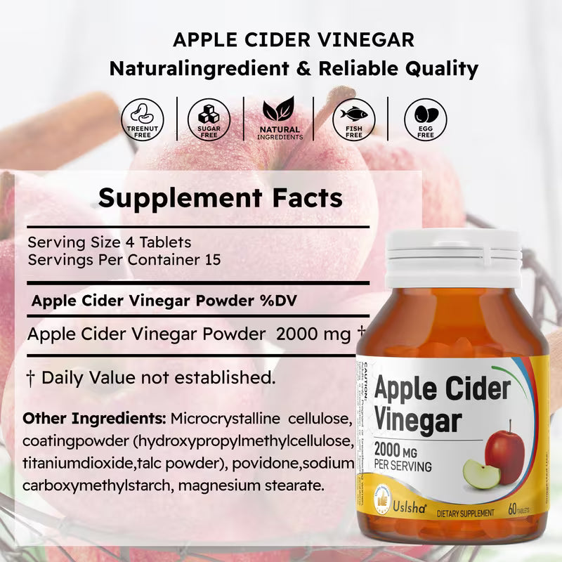 Apple Cider Vinegar Tablets with The Mother 2000mg – 60 Plant-Based Tablets
